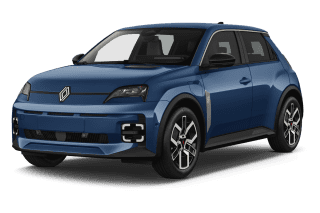 Schräge Frontansicht auf einen Renault 5 E-TECH Techno, freigestellt