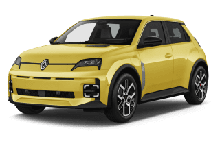 Schräge Frontansicht auf einen Renault 5 E-TECH Techno, freigestellt