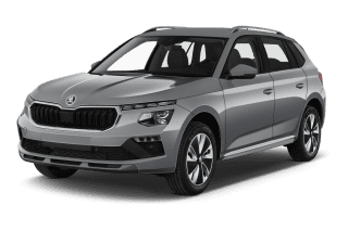 Schräge Frontansicht auf einen Skoda Kamiq Monte Carlo, freigestellt