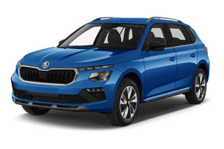 Schräge Frontansicht auf einen Skoda Kamiq Essence, freigestellt