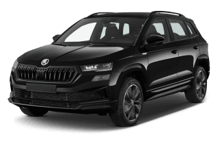 Schräge Frontansicht auf einen Skoda Karoq Balance, freigestellt