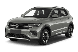 Schräge Frontansicht auf einen Volkswagen T-Cross Style, freigestellt