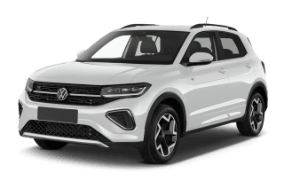 Schräge Frontansicht auf einen Volkswagen T-Cross ENERGY, freigestellt