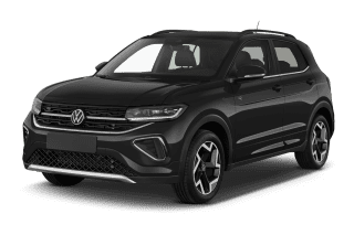 Schräge Frontansicht auf einen Volkswagen T-Cross ENERGY, freigestellt