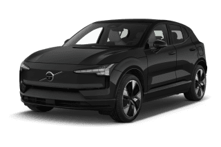 Schräge Frontansicht auf einen Volvo EX30 Black Edition Plus, freigestellt