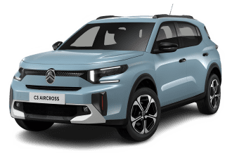 Schräge Frontansicht auf einen Citroën ë-C3 Aircross YOU, freigestellt