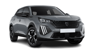 Schräge Frontansicht auf einen Peugeot 2008 Allure, freigestellt