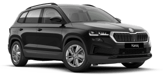 Schräge Frontansicht auf einen Skoda Karoq Selection, freigestellt