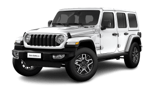 Schräge Frontansicht auf einen Jeep Wrangler Sahara, freigestellt