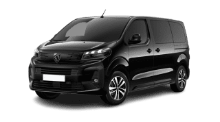 Schräge Frontansicht auf einen Peugeot Traveller Allure, freigestellt