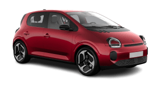 Schräge Frontansicht auf einen Renault Twingo E-Tech Techno, freigestellt