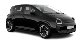 Schräge Frontansicht auf einen Renault Twingo E-Tech Techno, freigestellt