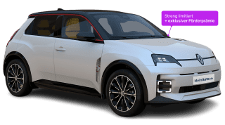 Schräge Frontansicht auf einen Renault 5 E-TECH Iconic Five, freigestellt