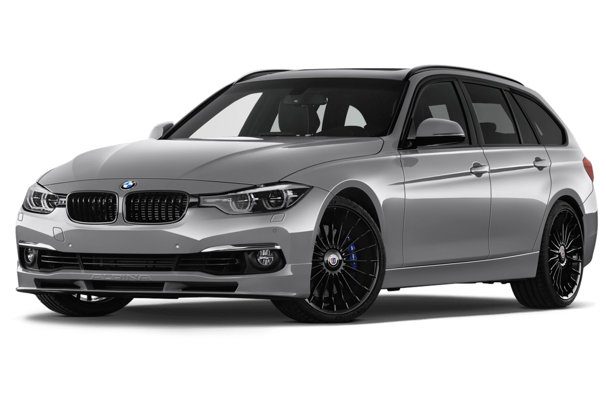 Tiefe, schräge Heckansicht eines Alpina B3 Touring, freigestellt