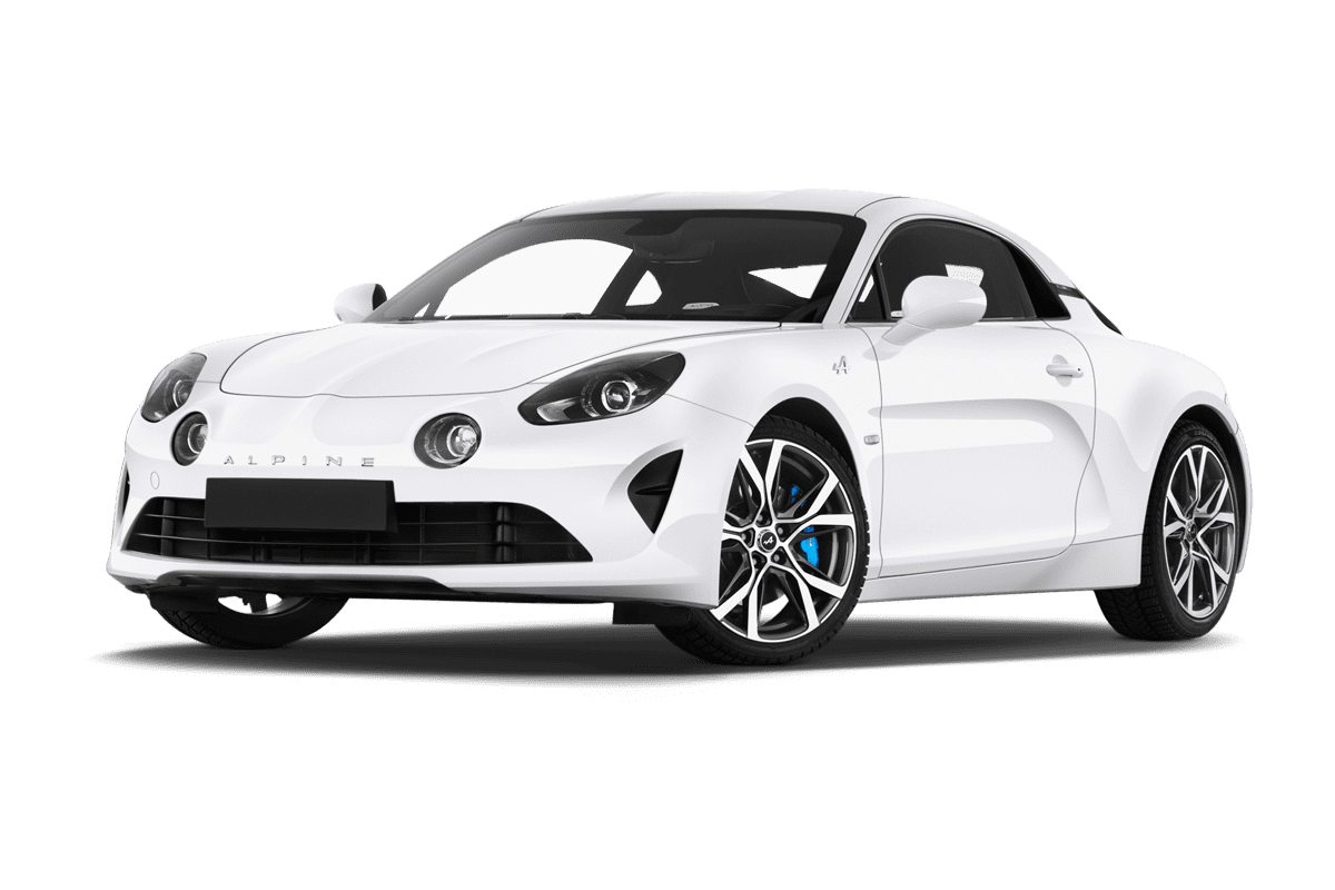 Tiefe, schräge Heckansicht eines Alpine A110, freigestellt