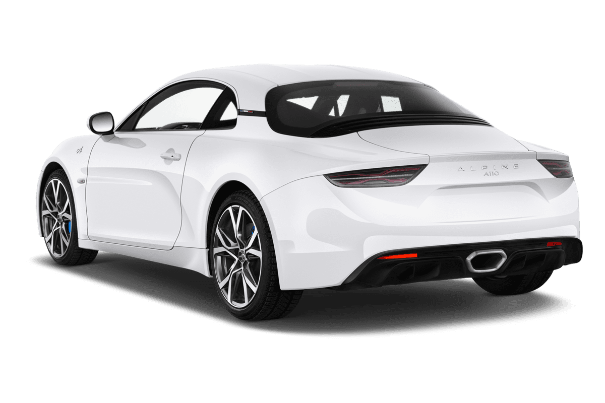 Schräge Heckansicht eines Alpine A110, freigestellt