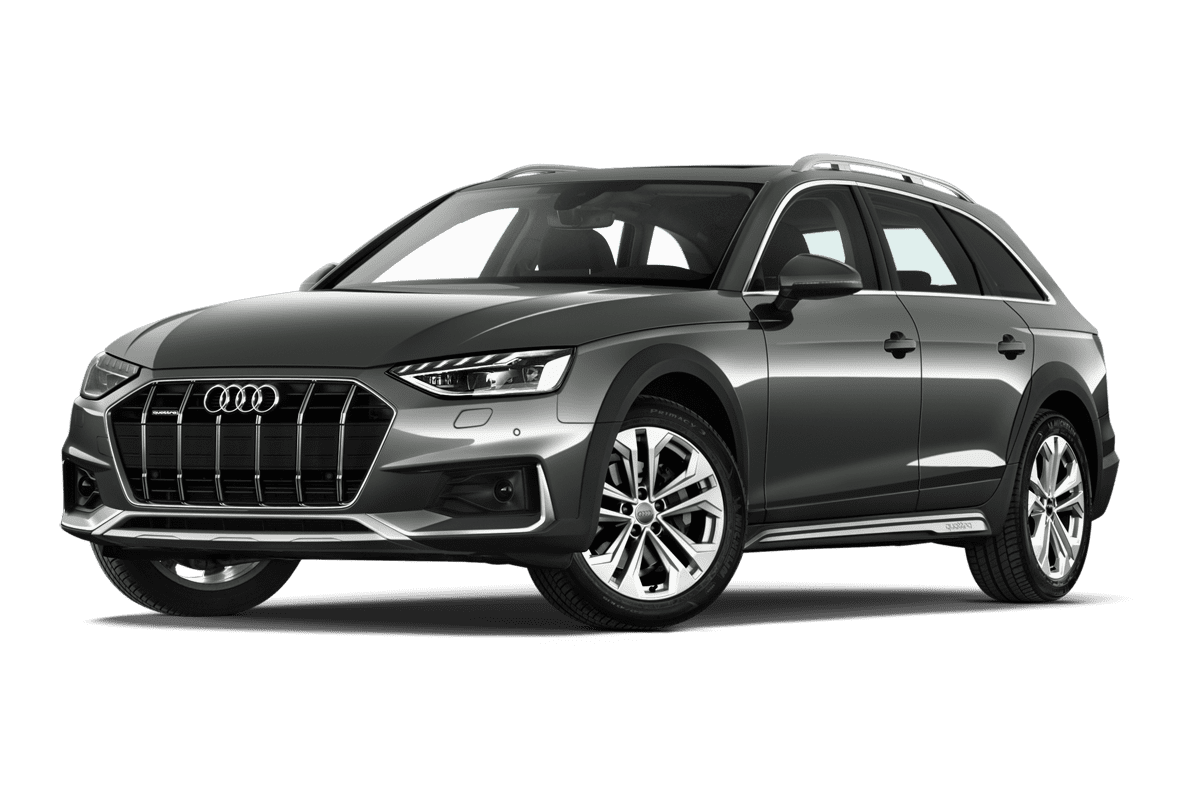 Tiefe, schräge Heckansicht eines Audi A4 Allroad quattro, freigestellt