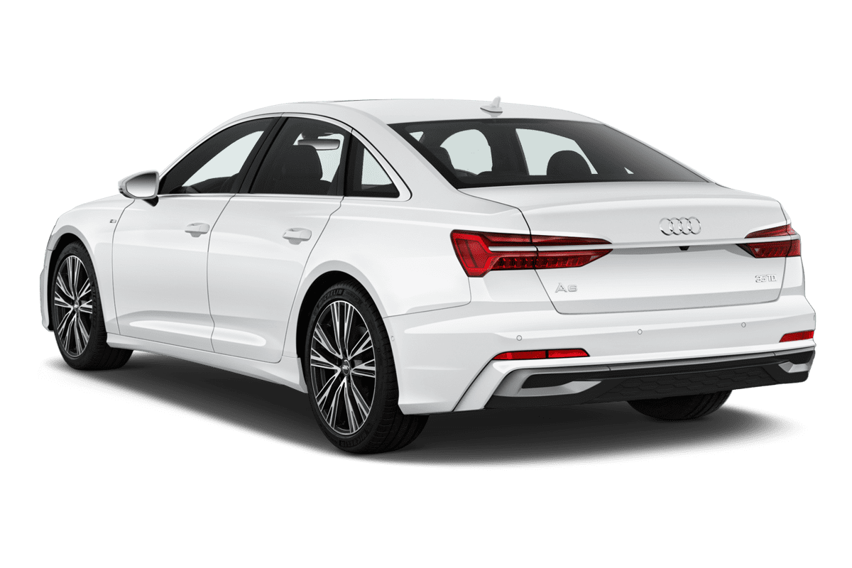 Schräge Heckansicht eines Audi A6 Limousine e-hybrid , freigestellt
