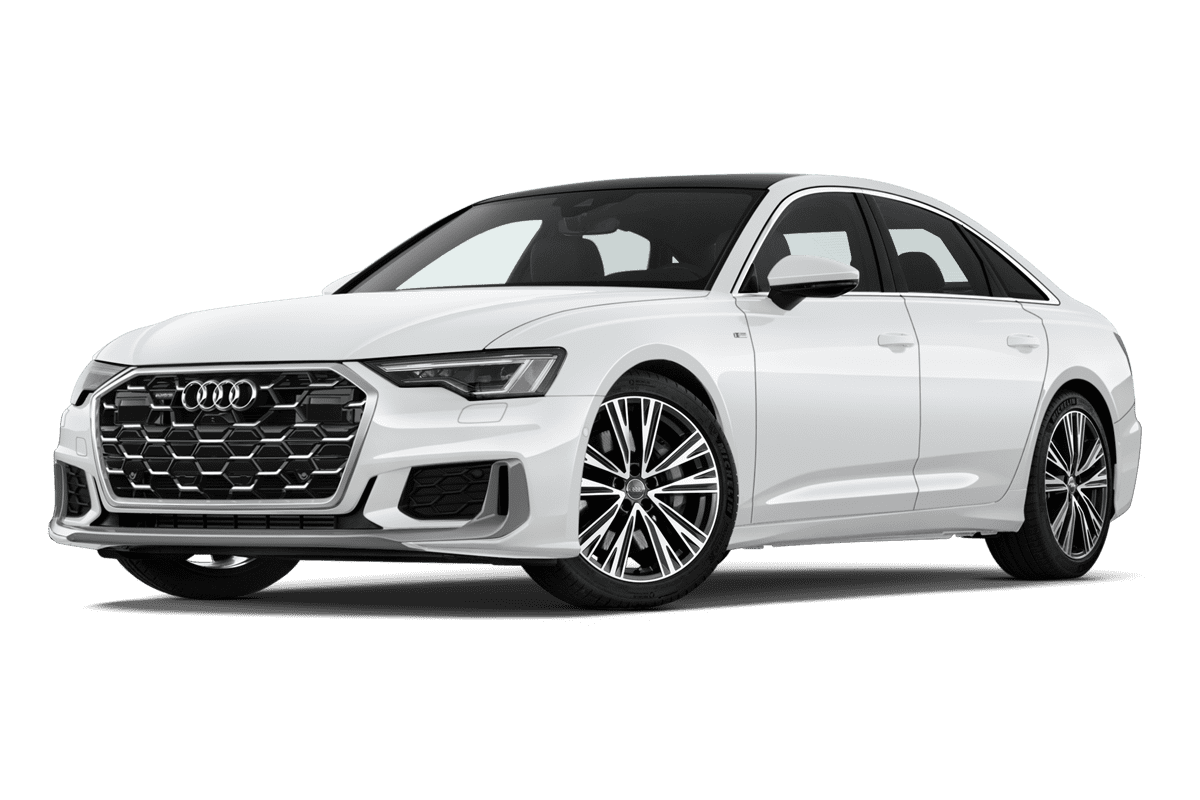 Tiefe, schräge Heckansicht eines Audi A6 Limousine e-hybrid , freigestellt