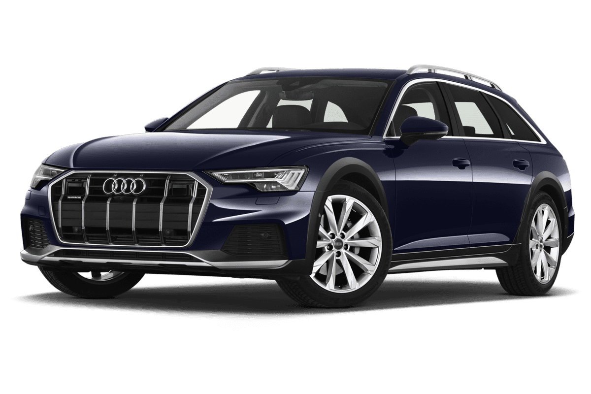 Tiefe, schräge Heckansicht eines Audi A6 Allroad Quattro, freigestellt