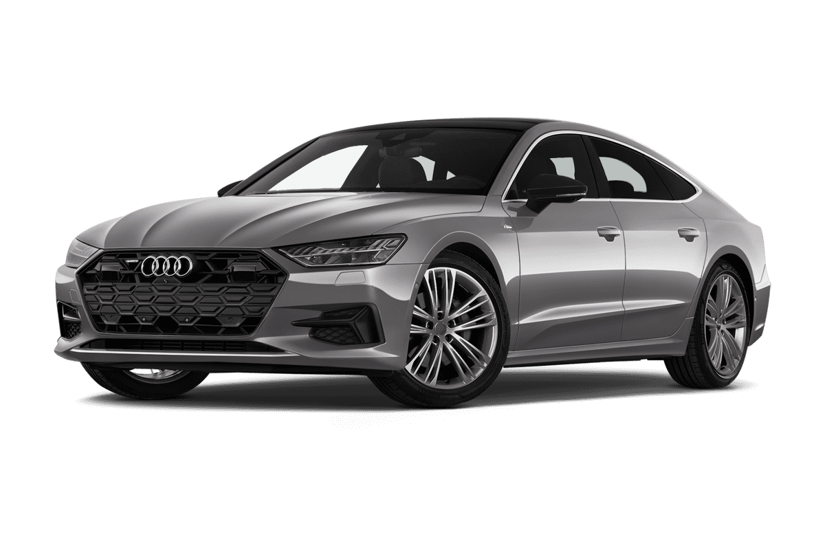 Tiefe, schräge Heckansicht eines Audi A7 Sportback, freigestellt