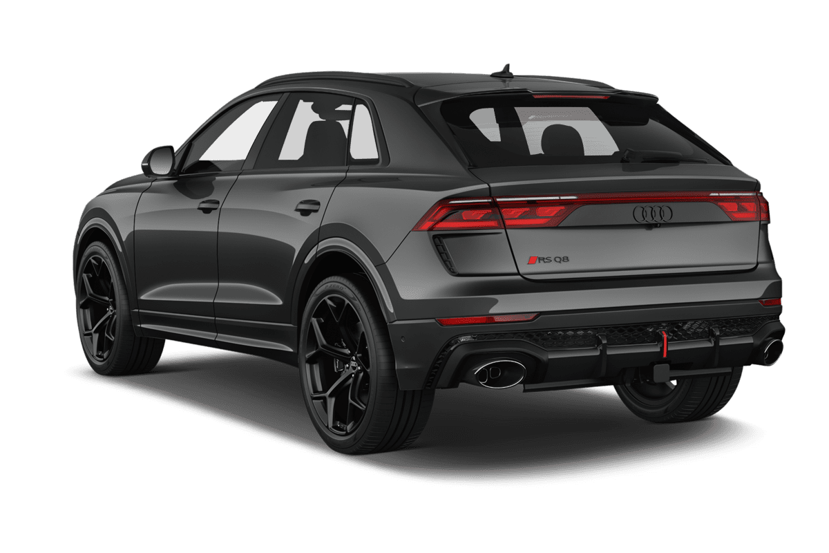 Schräge Heckansicht eines Audi RS Q8 SUV, freigestellt