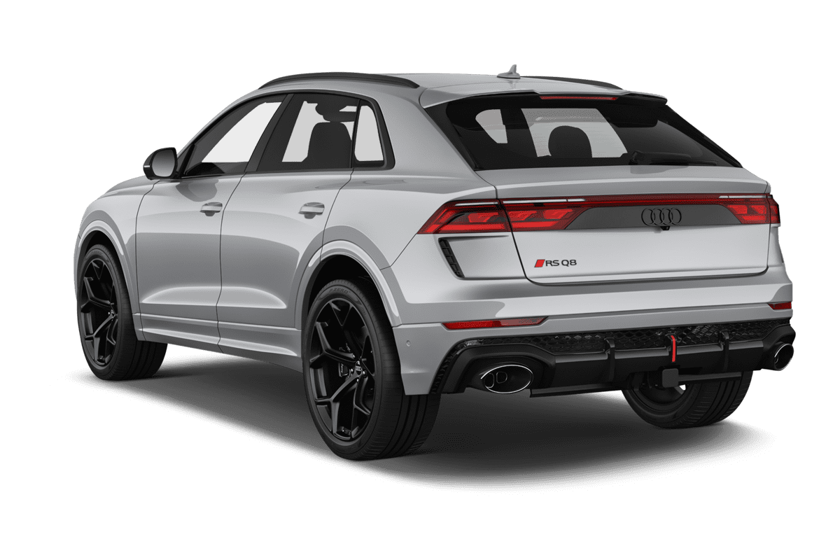 Schräge Heckansicht eines Audi RS Q8 SUV, freigestellt
