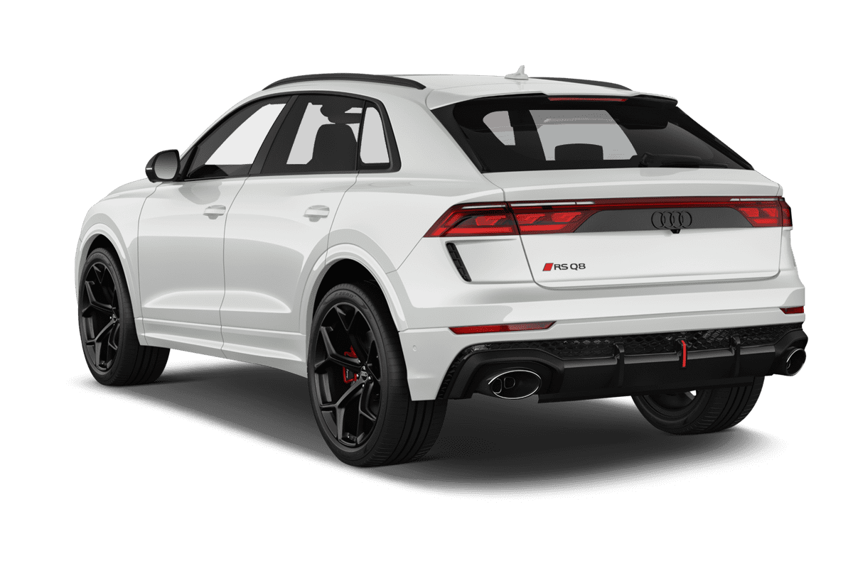 Schräge Heckansicht eines Audi RS Q8 SUV, freigestellt
