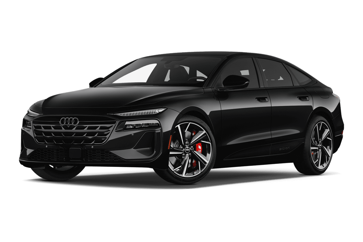 Tiefe, schräge Heckansicht eines Audi S6 Sportback e-tron , freigestellt