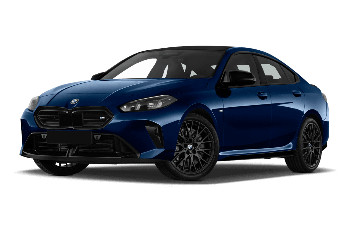 Tiefe, schräge Heckansicht eines BMW 2er Gran Coupé, freigestellt