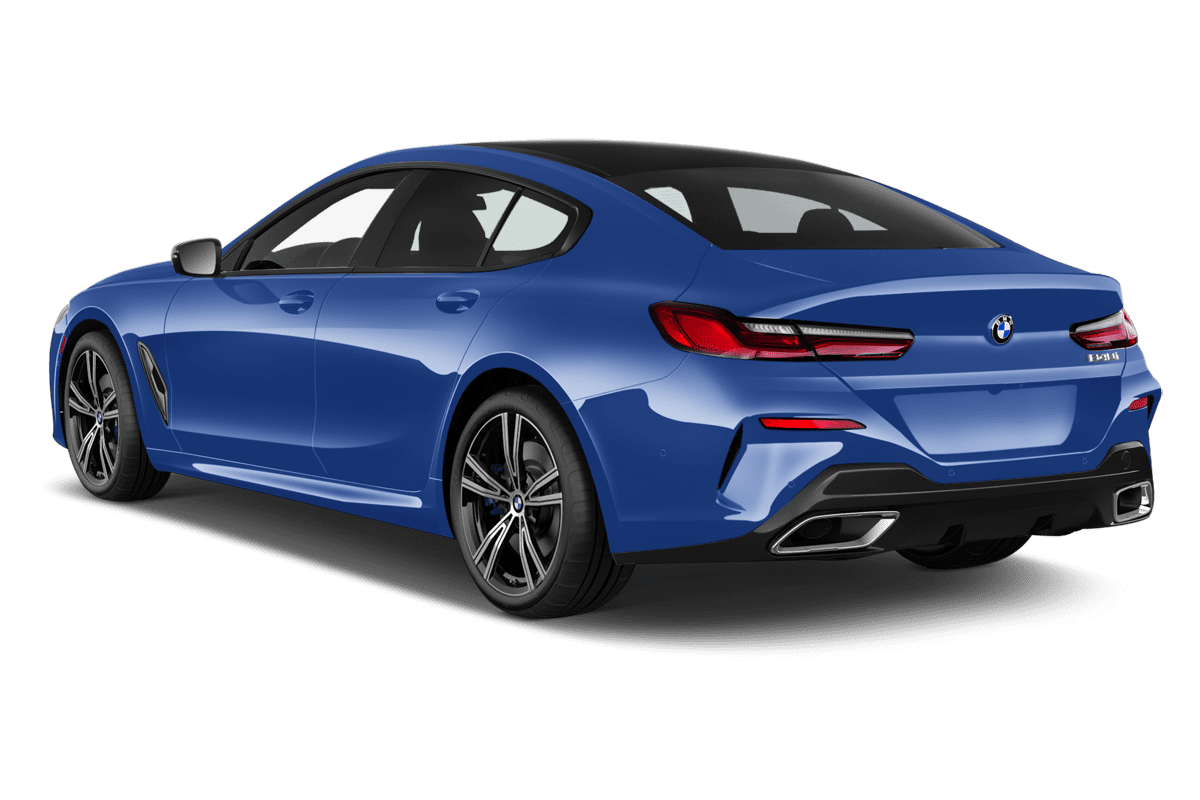 Schräge Heckansicht eines BMW 8er Gran Coupé, freigestellt