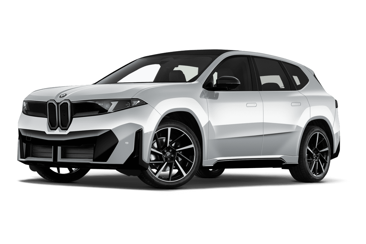 Tiefe, schräge Heckansicht eines BMW iX3 (neues Modell), freigestellt