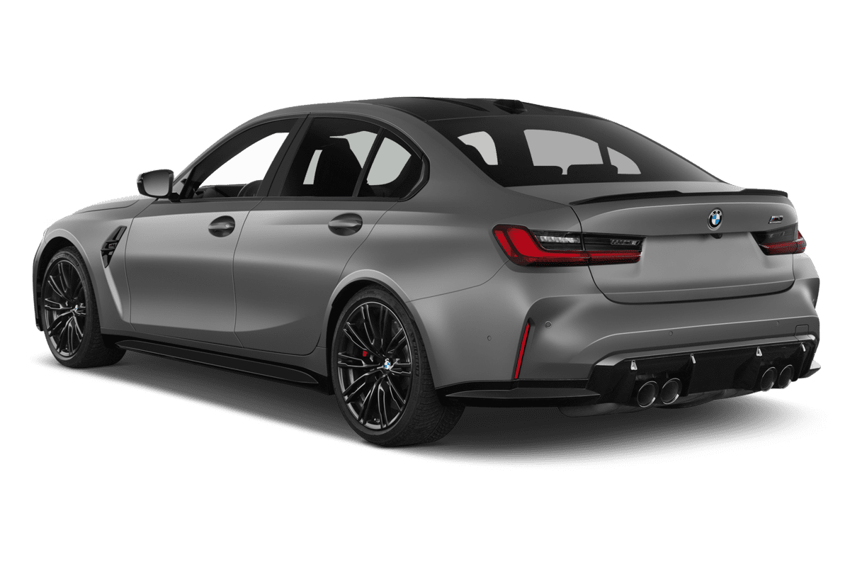 Schräge Heckansicht eines BMW M3 Limousine, freigestellt