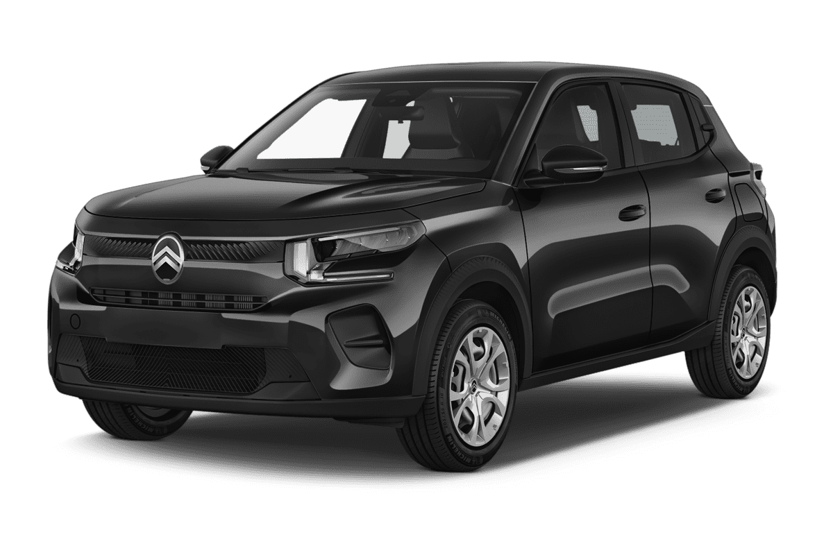 Schräge Frontansicht eines Citroën ë-C3, freigestellt