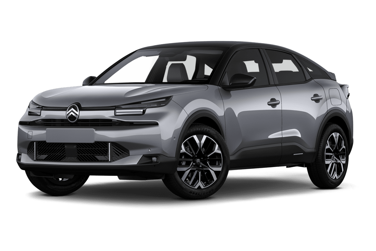 Tiefe, schräge Heckansicht eines Citroen e-C4, freigestellt