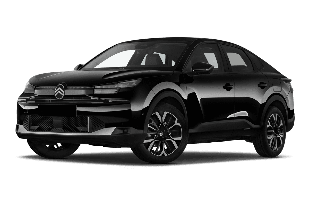 Tiefe, schräge Heckansicht eines Citroen e-C4 X, freigestellt