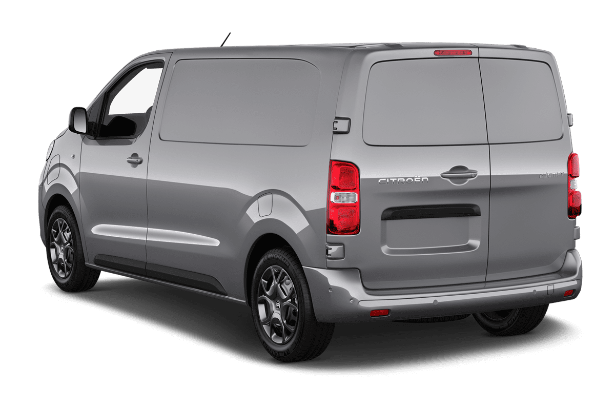 Schräge Heckansicht eines Citroen e-Jumpy Kastenwagen , freigestellt
