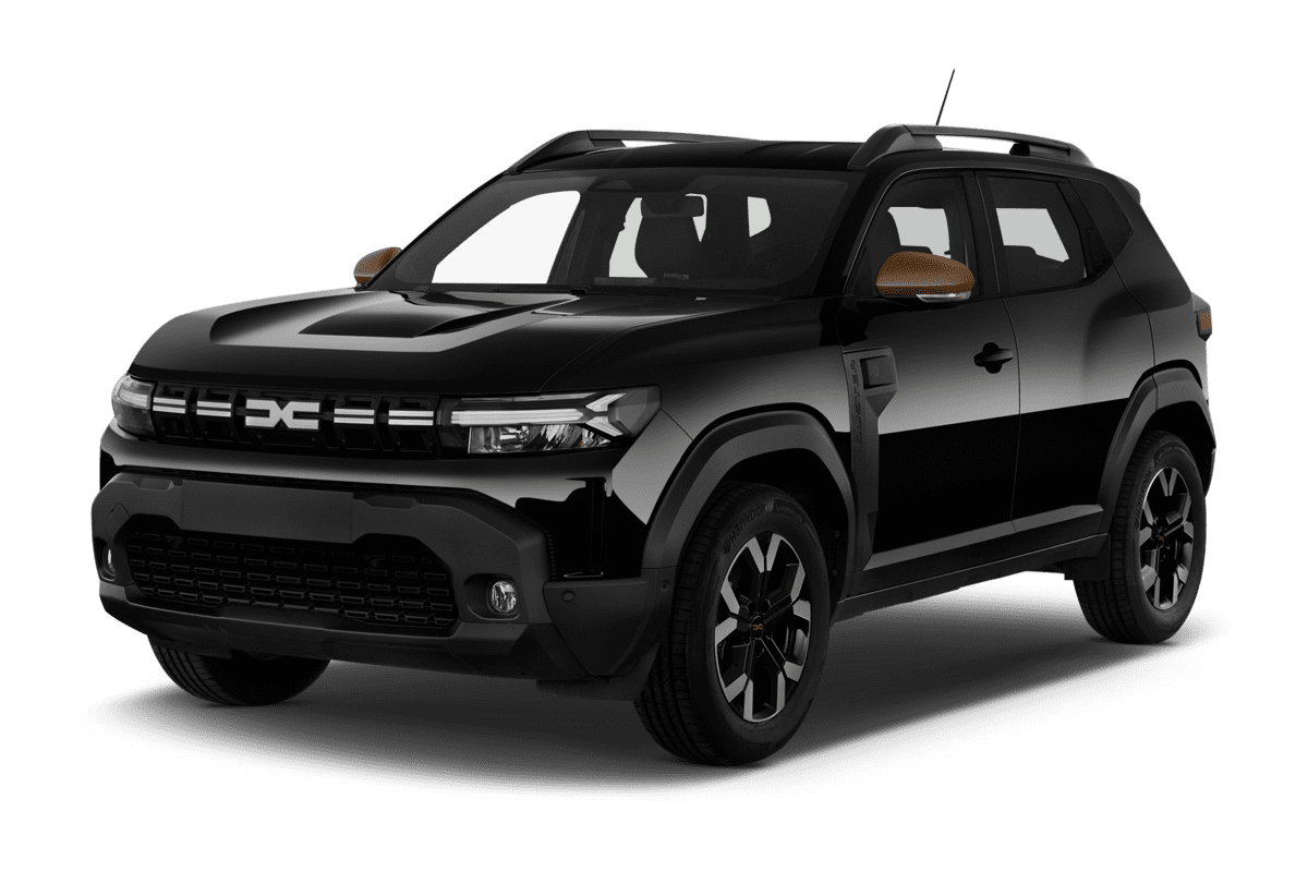 Schräge Frontansicht eines Dacia Duster Hybrid , freigestellt