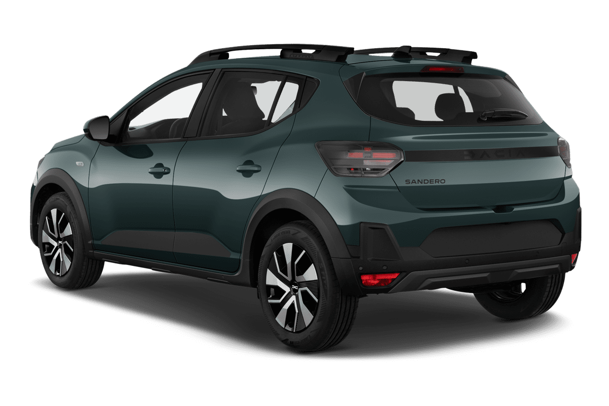 Schräge Heckansicht eines Dacia Sandero Stepway, freigestellt (KI-generiert)