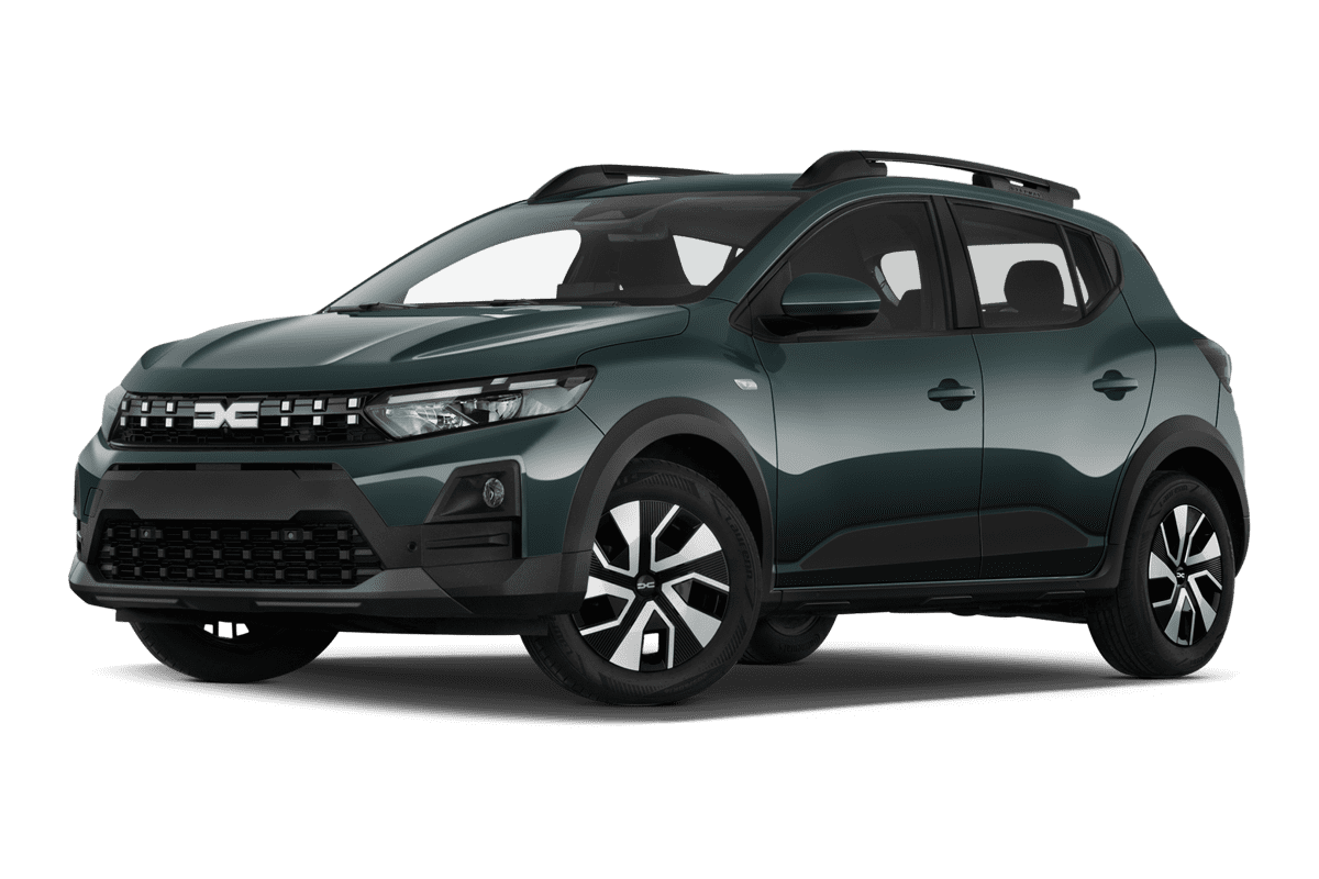 Tiefe, schräge Heckansicht eines Dacia Sandero Stepway, freigestellt (KI-generiert)