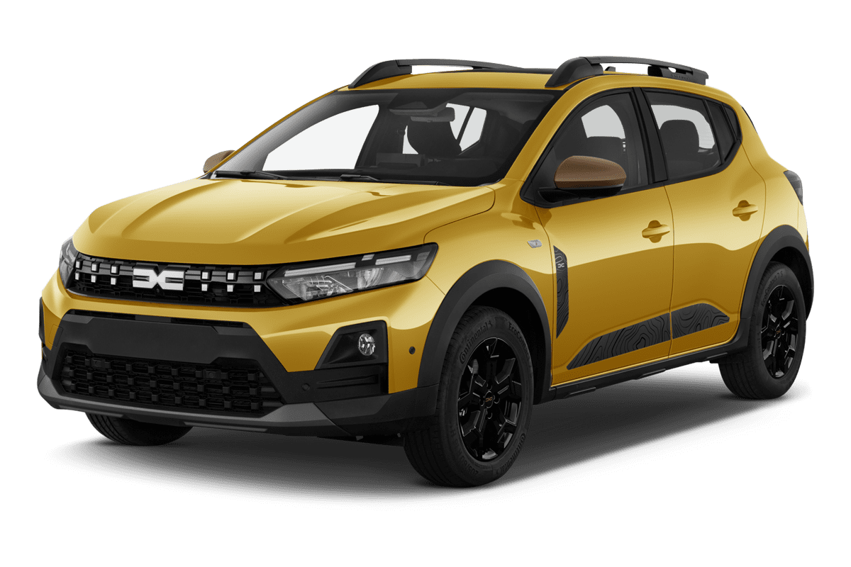 Schräge Frontansicht eines Dacia Sandero Stepway (neues Modell), freigestellt