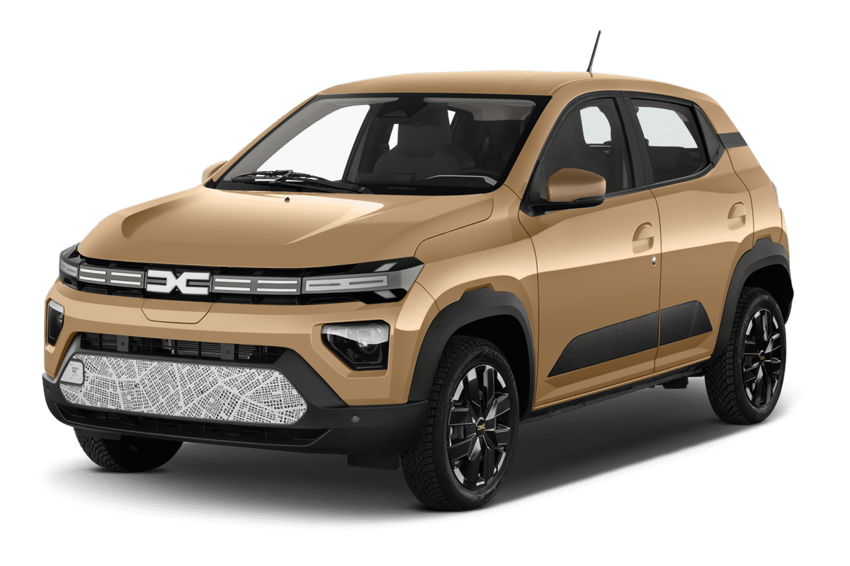 Schräge Frontansicht eines Dacia Spring, freigestellt