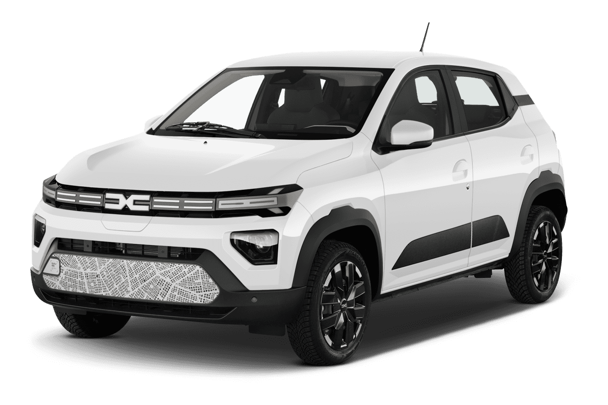 Schräge Frontansicht auf einen Dacia Spring, freigestellt