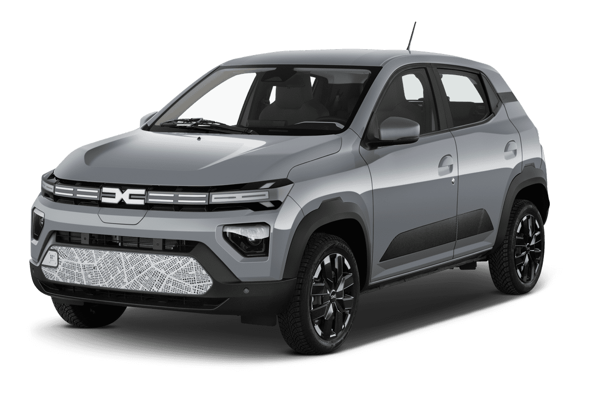 Schräge Frontansicht auf einen Dacia Spring, freigestellt