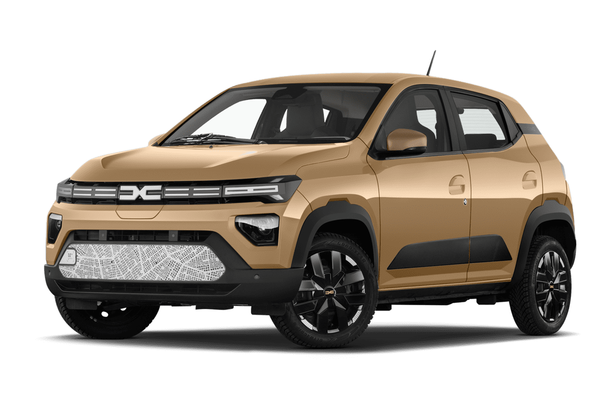 Tiefe, schräge Heckansicht eines Dacia Spring, freigestellt