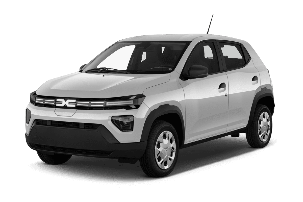 Schräge Frontansicht eines Dacia Spring, freigestellt