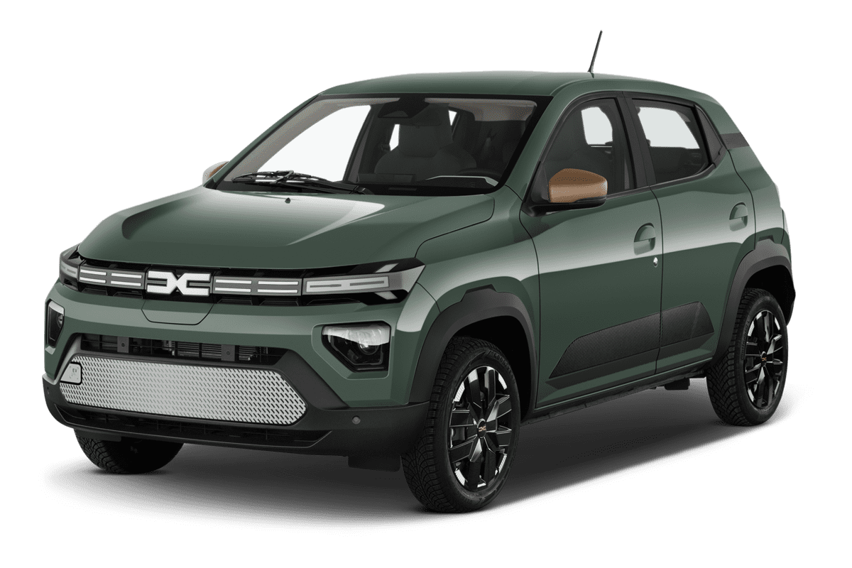 Schräge Frontansicht eines Dacia Spring, freigestellt