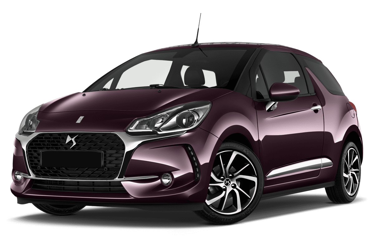 Tiefe, schräge Heckansicht eines DS 3 Cabrio, freigestellt