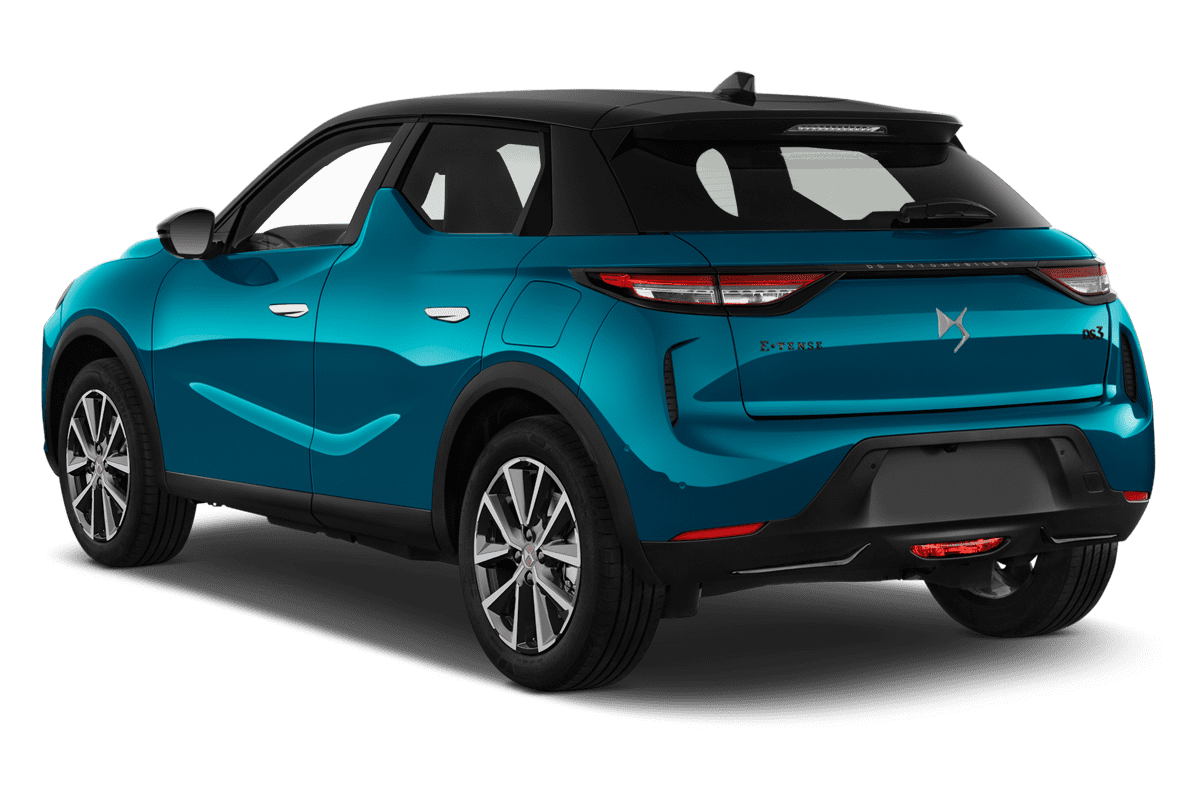 Schräge Heckansicht eines DS 3 E-Tense, freigestellt