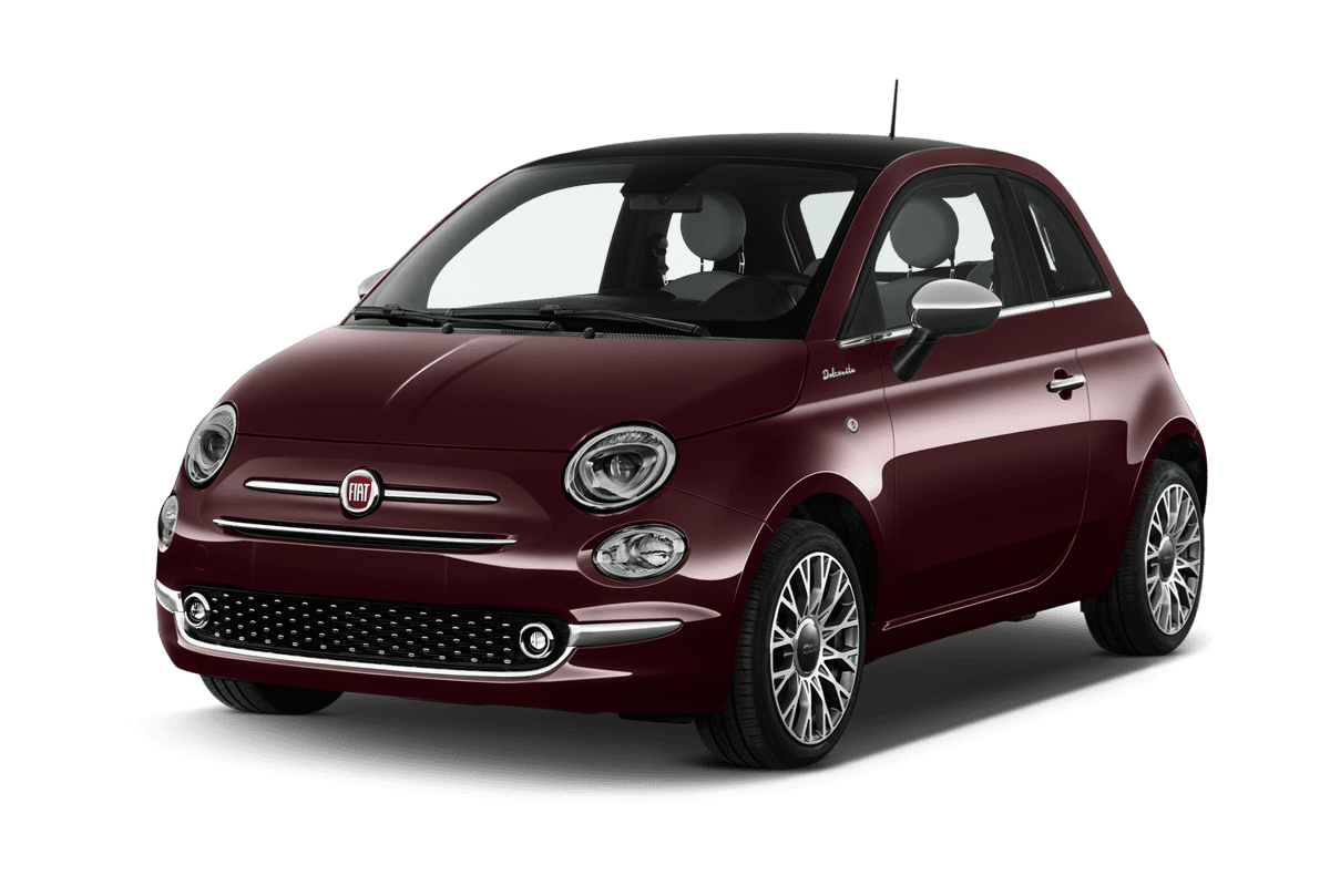 Schräge Frontansicht eines Fiat 500 Dolcevita, freigestellt